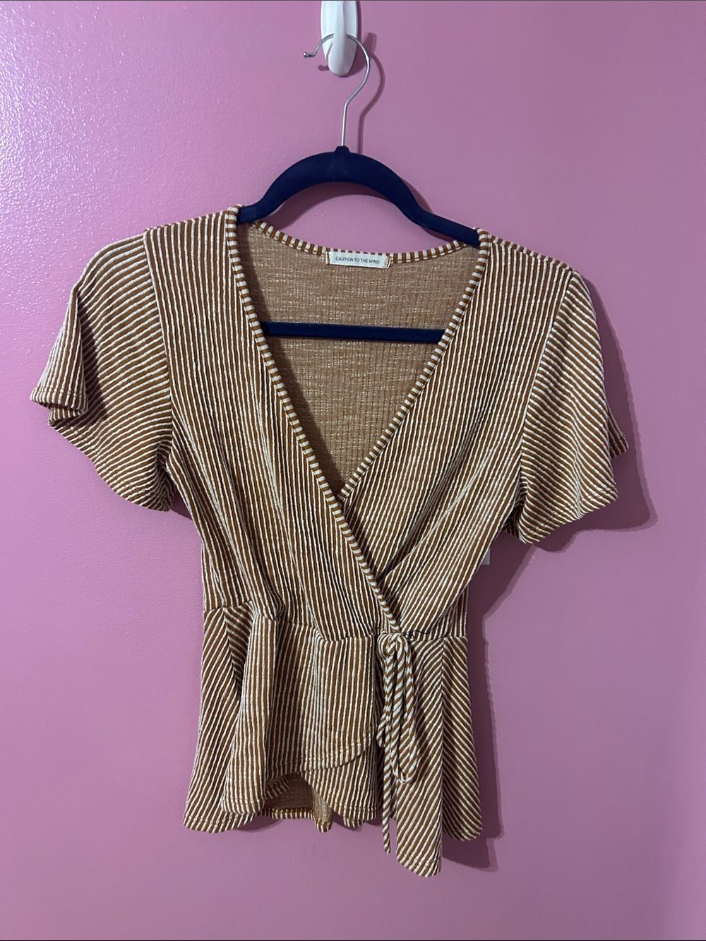 Caution To The Wind Brown and Cream Striped Wrap Peplum Top